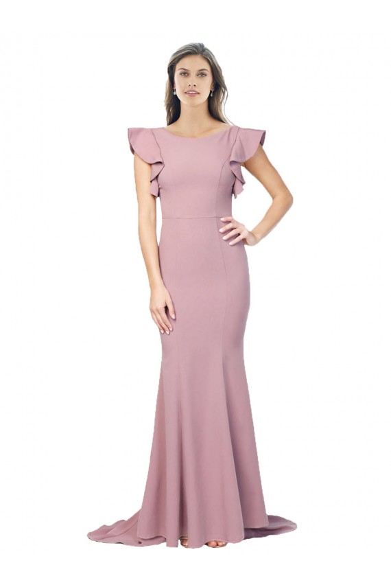 Stretch Crepe Mermaid Sweep Train Flutter Sleeves Low Back Formal Evening Gown / Prom Dress / Bridesmaid Dress Barrie