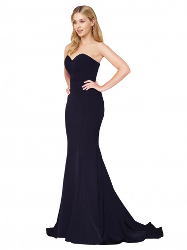 Stretch Crepe Mermaid Sweep Train Sleeveless Dark Navy Prom Dresses Barrie