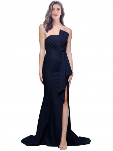 Stretch Crepe Sheath Sweep Train Sleeveless Low Back Dark Navy Prom Dresses Barrie