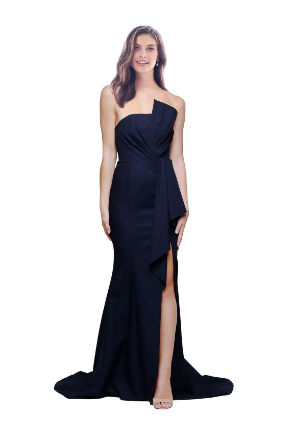 Stretch Crepe Sheath Sweep Train Sleeveless Low Back Dark Navy Prom Dresses Barrie
