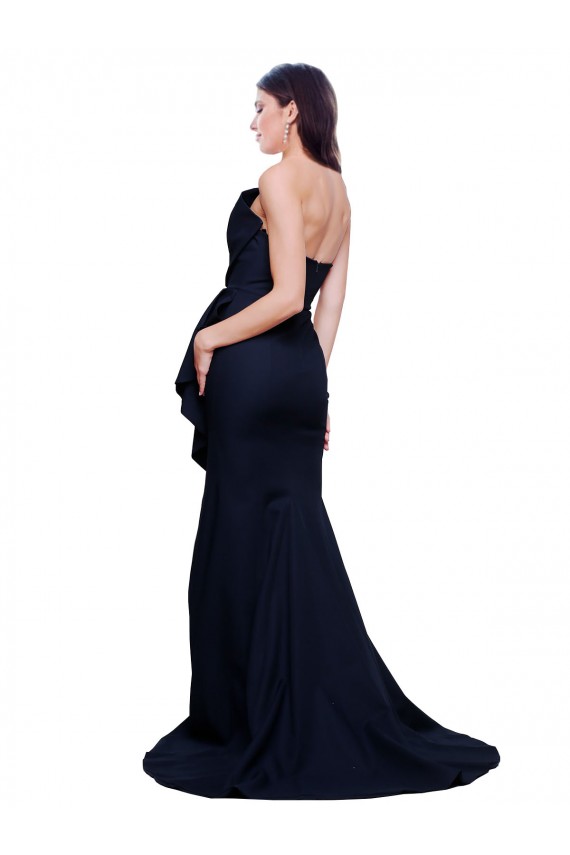 Stretch Crepe Sheath Sweep Train Sleeveless Low Back Dark Navy Prom Dresses Barrie