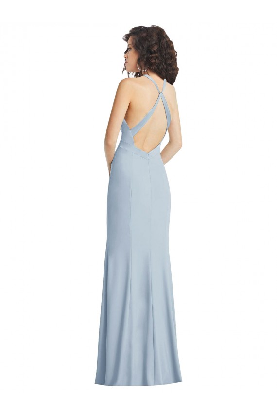 Stretch Crepe Trumpet Long Sleeveless Criss Cross Back Light Sky Blue Prom Dresses Barrie