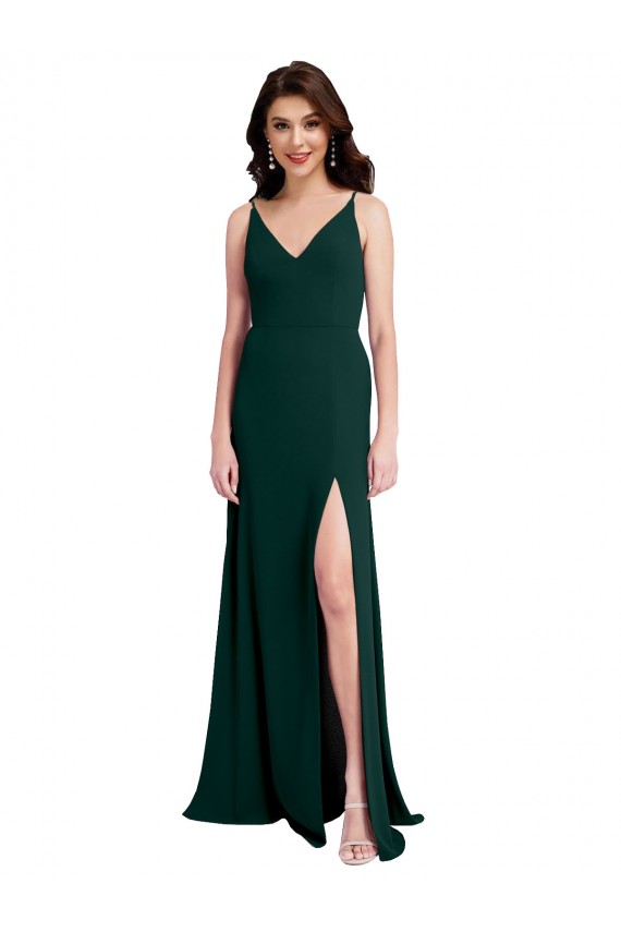 Stretch Crepe A-Line Long Sleeveless V-Back Side Slit Prom Dresses Barrie