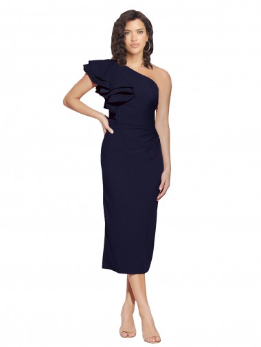 Stretch Crepe Sheath Midi Length Sleeveless Dark Navy Prom Dresses Barrie
