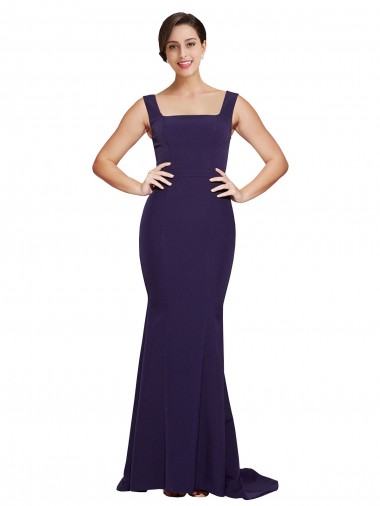 Stretch Crepe Sheath Sweep Train Sleeveless Dark Navy Prom Dresses Barrie