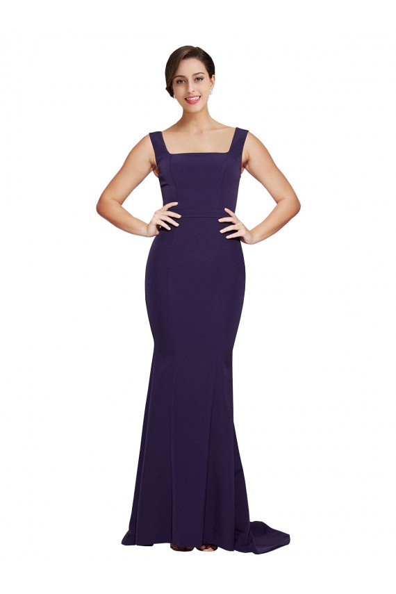 Stretch Crepe Sheath Sweep Train Sleeveless Dark Navy Prom Dresses Barrie