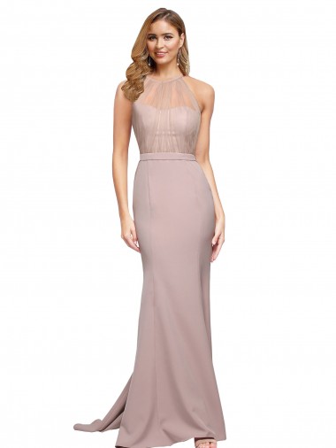 Stretch Crepe Sheath Sweep Train Sleeveless Dusty Pink Prom Dresses Barrie