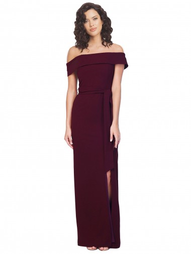 Stretch Crepe Sheath Long Sleeveless Low Back Burgundy Gold Prom Dresses Barrie