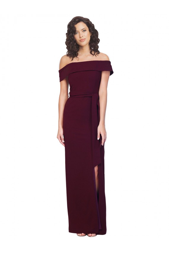 Stretch Crepe Sheath Long Sleeveless Low Back Burgundy Gold Prom Dresses Barrie