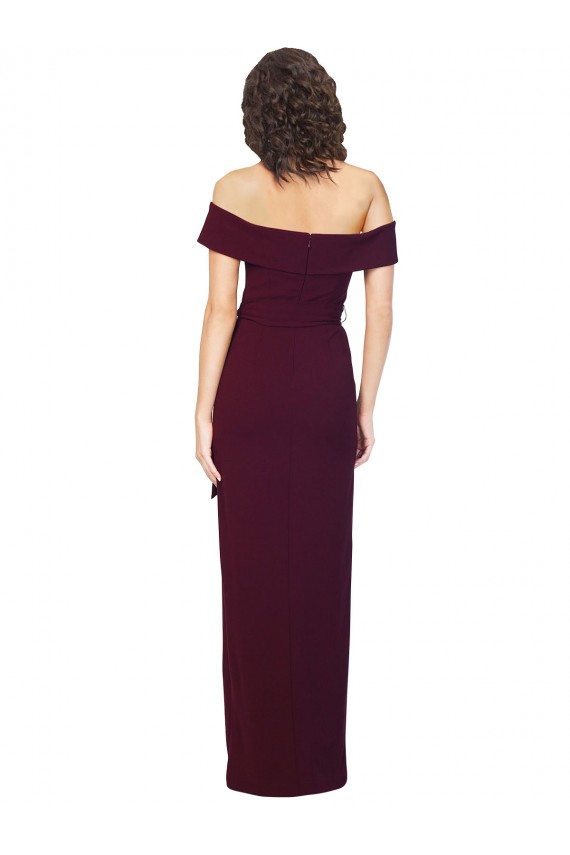 Stretch Crepe Sheath Long Sleeveless Low Back Burgundy Gold Prom Dresses Barrie