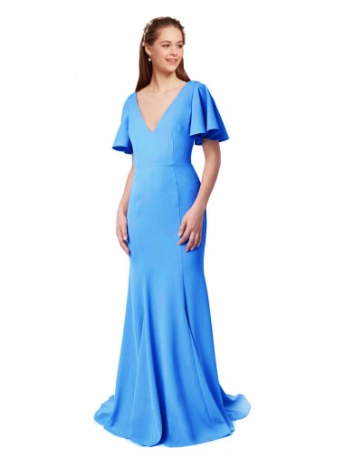 Stretch Crepe Mermaid, Sheath Sweep Train Short Sleeves V-Back Prom Dress / Bridesmaid Dress Barrie