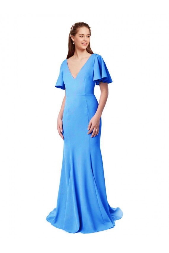 Stretch Crepe Mermaid, Sheath Sweep Train Short Sleeves V-Back Prom Dress / Bridesmaid Dress Barrie