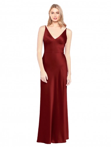 Stretch Satin A-Line Long Sleeveless V-Back Burgundy Prom Dresses Barrie