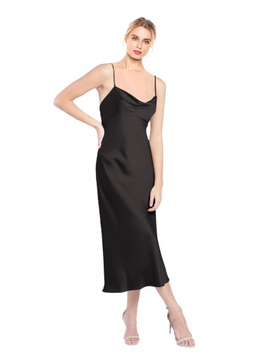 Stretch Satin A-Line Midi Length Sleeveless Low Back Black Prom Dresses Barrie