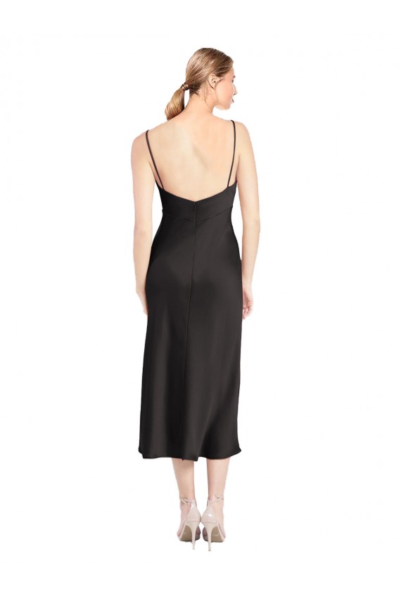 Stretch Satin A-Line Midi Length Sleeveless Low Back Black Prom Dresses Barrie