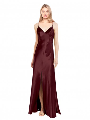 Stretch Satin A-Line Long Sleeveless Center Front Slit Prom Dresses Barrie
