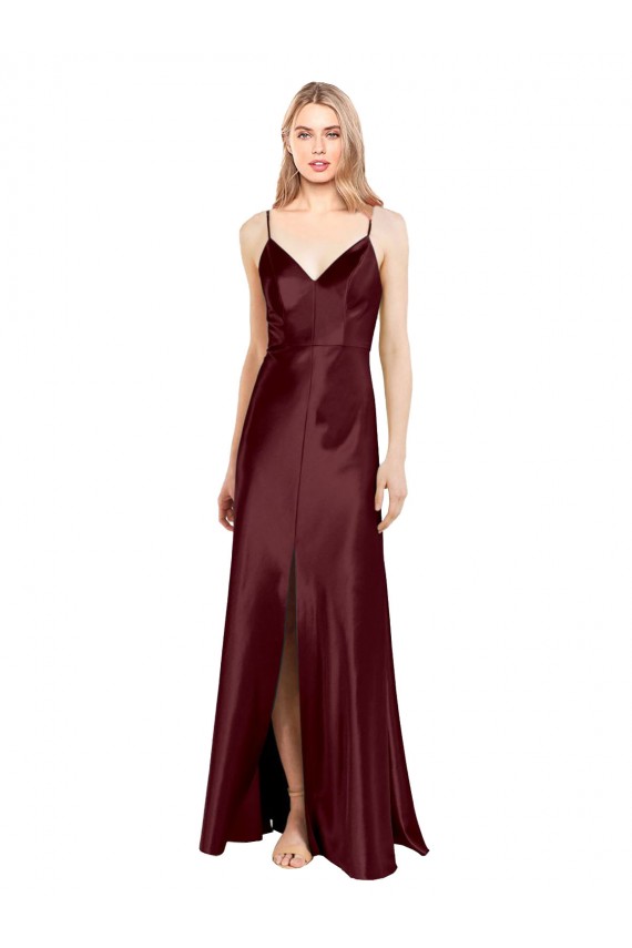 Stretch Satin A-Line Long Sleeveless Center Front Slit Prom Dresses Barrie