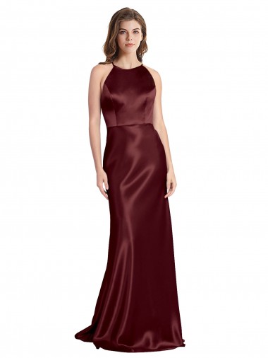Stretch Satin A-Line Long Sleeveless Burgundy Gold Prom Dresses Barrie