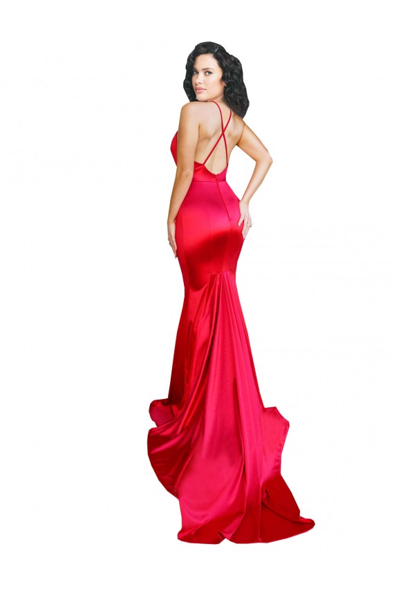 Stretch Satin Mermaid Long Sleeveless Low Back Red Prom Dresses Barrie