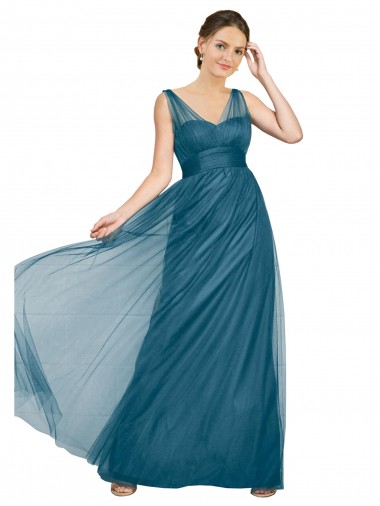 Tulle A-Line Long Sleeveless Teal Green V-Back Bridesmaid Dress Barrie