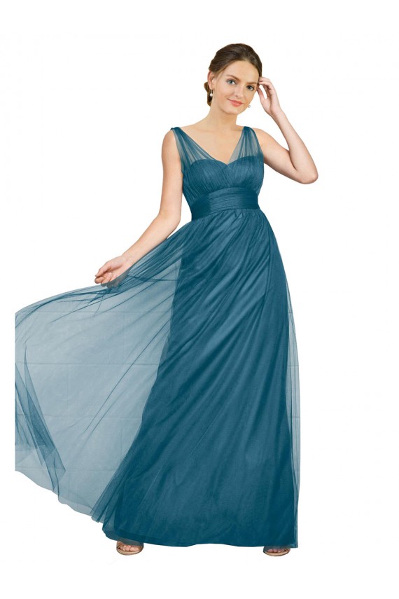 Tulle A-Line Long Sleeveless Teal Green V-Back Bridesmaid Dress Barrie