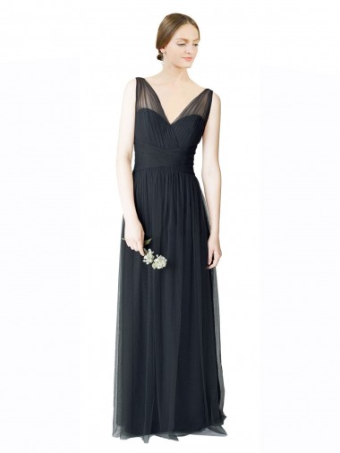 Tulle A-Line Long Sleeveless V-Back Pewter Bridesmaid Dresses Barrie