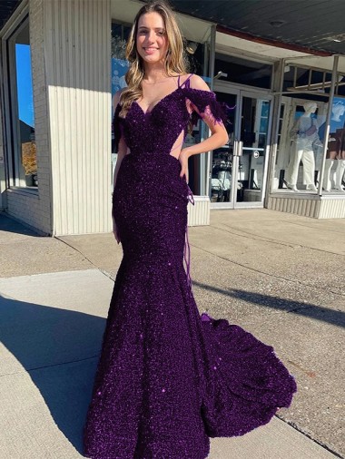 Velvet Sequin Sheath Court Train Sleeveless Long Prom Dress / Evening Dress Barrie