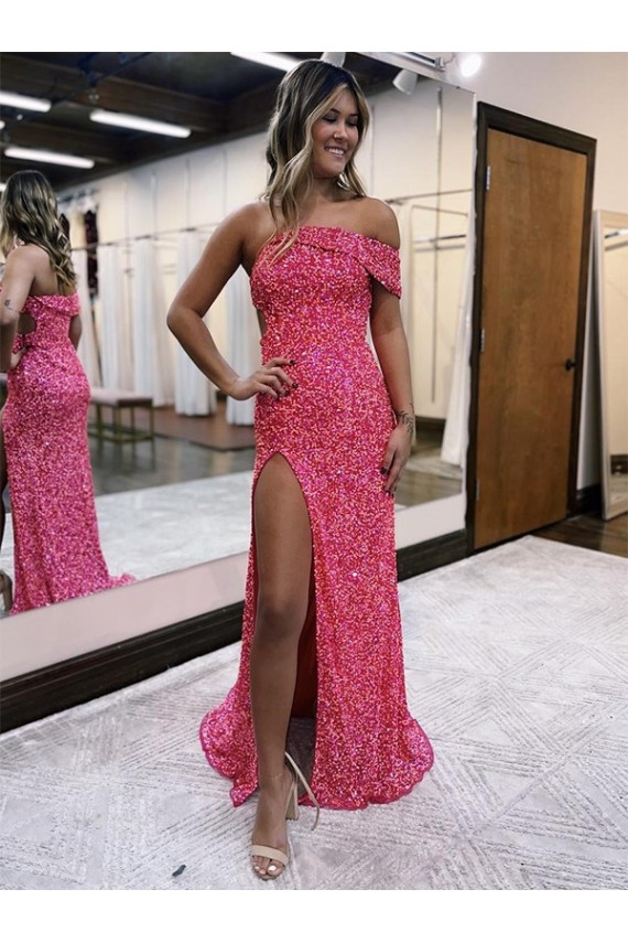 Velvet Sequin Sheath Sweep Train Sleeveless One Shoulder Prom Dress / Evening Dress Barrie