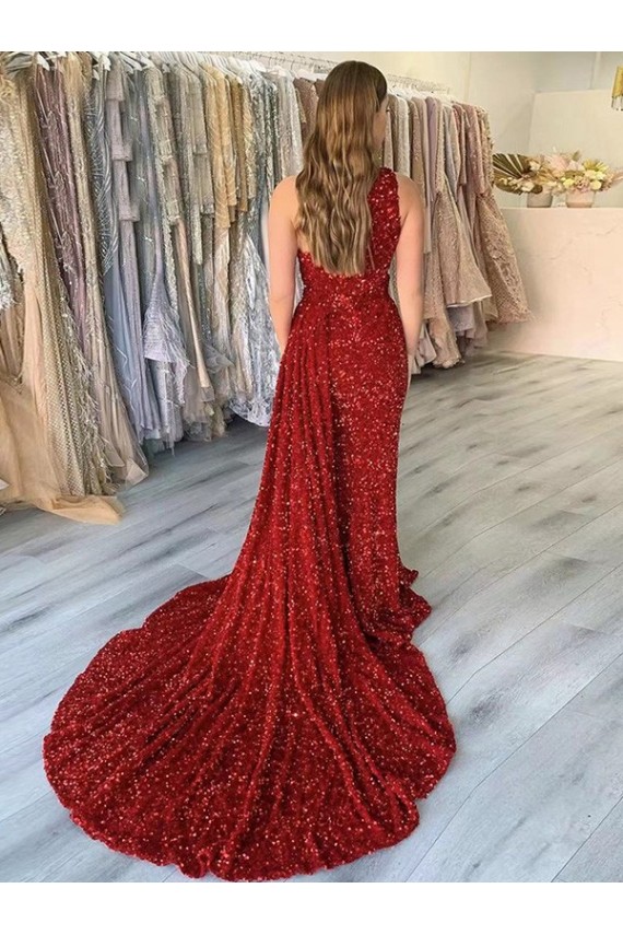Velvet Sequin Sheath Court Train Sleeveless Prom Dress Barrie
