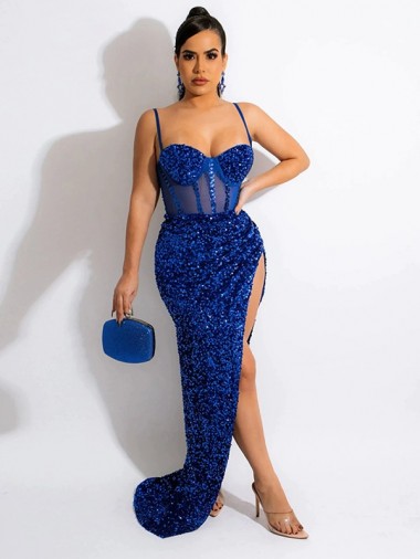 Velvet Sequin Sheath Sweep Train Sleeveless Spaghetti Straps Long Evening Dress Barrie