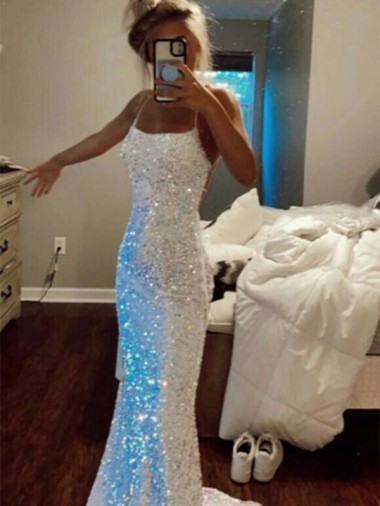Velvet Sequin Sheath Sweep Train Sleeveless Spaghetti Straps Evening Dress Barrie