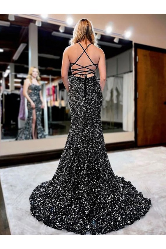 Velvet Sequin Sheath Sweep Train Sleeveless Spaghetti Straps Prom Dress / Evening Dress Barrie