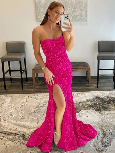Velvet Sequin Sheath Sweep Train Sleeveless High Side Slit Prom Dress Barrie