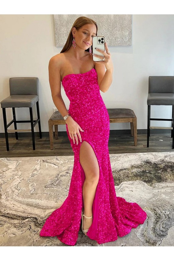 Velvet Sequin Sheath Sweep Train Sleeveless High Side Slit Prom Dress Barrie