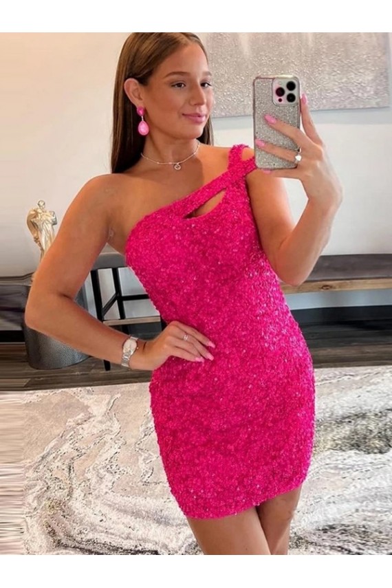 Velvet Sequin Sheath Short Sleeveless One Shoulder Prom Dress / Evening Dress Barrie