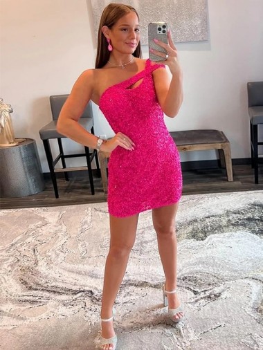 Velvet Sequin Sheath Short Sleeveless One Shoulder Prom Dress / Evening Dress Barrie