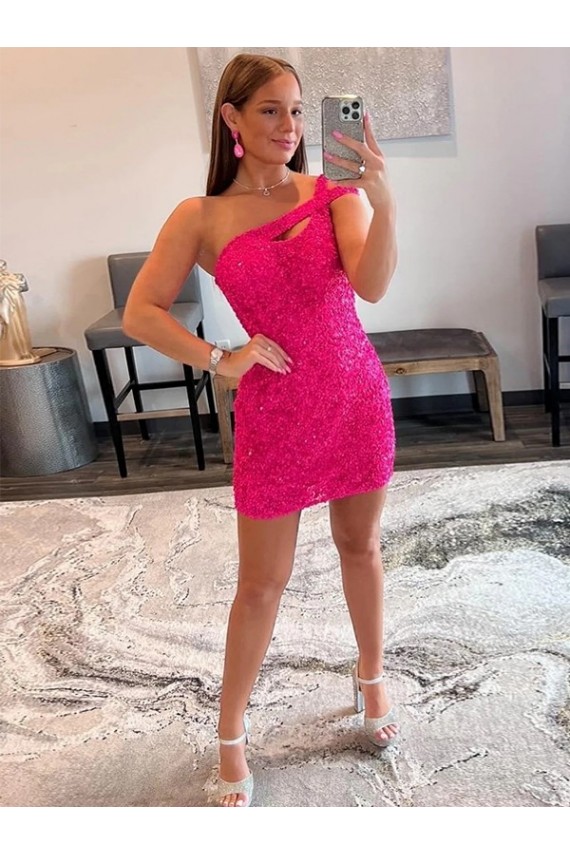Velvet Sequin Sheath Short Sleeveless One Shoulder Prom Dress / Evening Dress Barrie