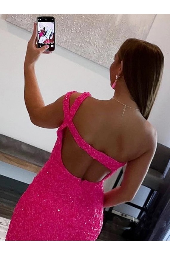 Velvet Sequin Sheath Short Sleeveless One Shoulder Prom Dress / Evening Dress Barrie
