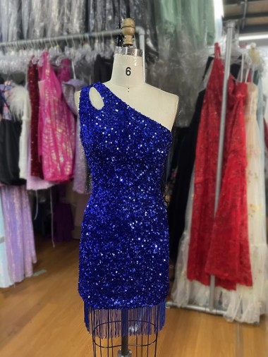 Velvet Sequin Sheath Short Sleeveless One Shoulder Prom Dress Barrie