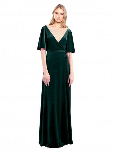 Stretch Velvet A-Line Long Flutter Sleeves V-Back Prom Dress / Bridesmaid Dress Barrie