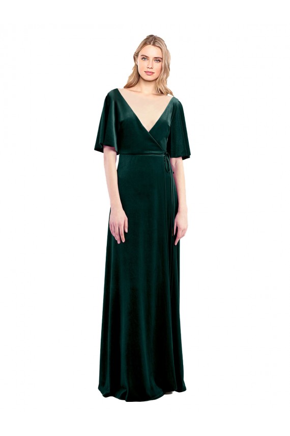 Stretch Velvet A-Line Long Flutter Sleeves V-Back Prom Dress / Bridesmaid Dress Barrie