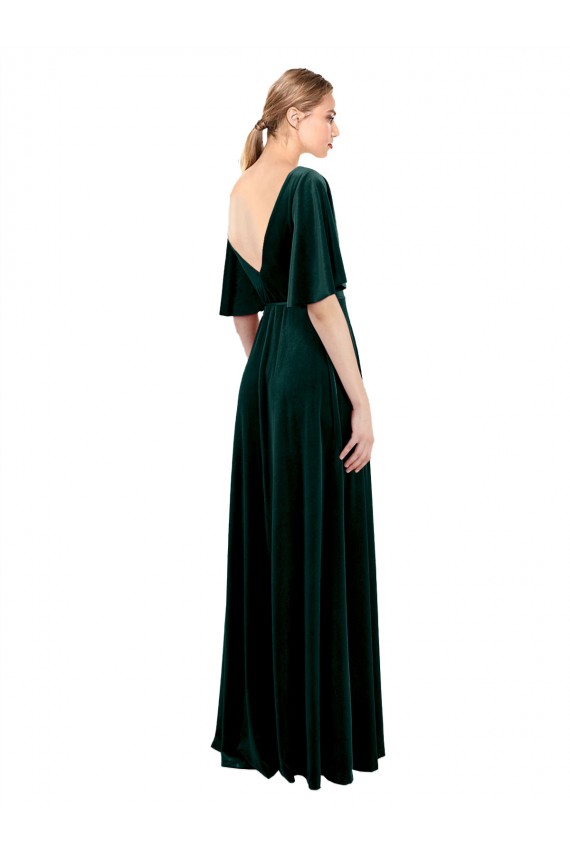 Stretch Velvet A-Line Long Flutter Sleeves V-Back Prom Dress / Bridesmaid Dress Barrie