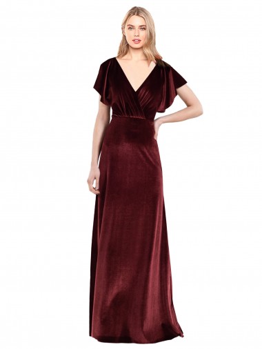 Stretch Velvet A-Line Long Flutter Sleeves Open Back Prom Dress / Bridesmaid Dress Barrie