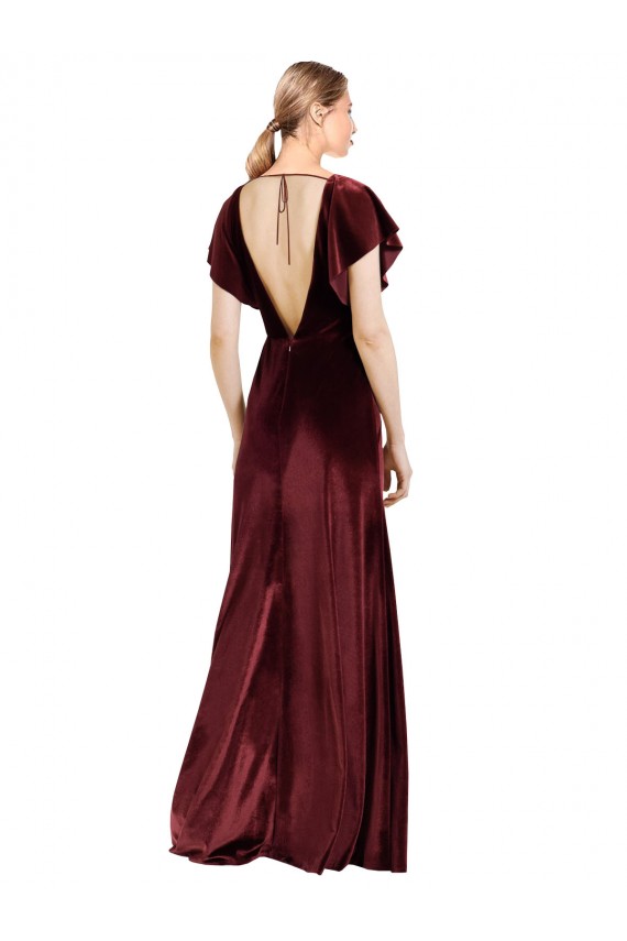 Stretch Velvet A-Line Long Flutter Sleeves Open Back Prom Dress / Bridesmaid Dress Barrie