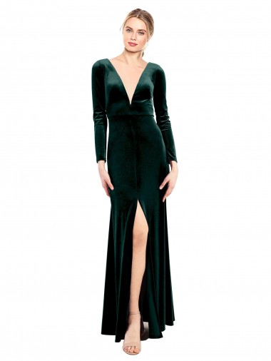 Stretch Velvet A-Line Long Long Sleeves Open Back Black Tie Prom Dress / Bridesmaid Dress Barrie