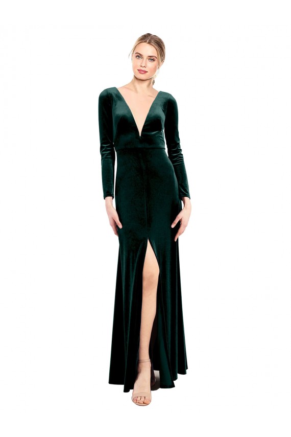 Stretch Velvet A-Line Long Long Sleeves Open Back Black Tie Prom Dress / Bridesmaid Dress Barrie