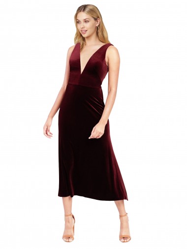 Stretch Velvet A-Line Midi Length Sleeveless V-Back Burgundy Prom Dresses Barrie