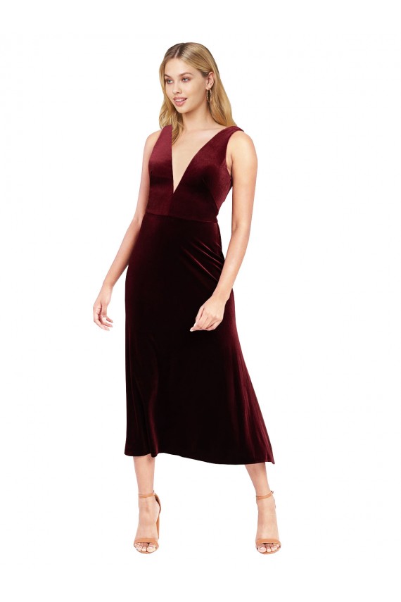 Stretch Velvet A-Line Midi Length Sleeveless V-Back Burgundy Prom Dresses Barrie