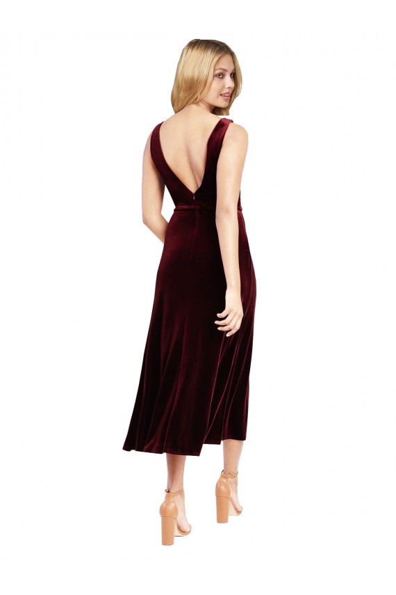 Stretch Velvet A-Line Midi Length Sleeveless V-Back Burgundy Prom Dresses Barrie