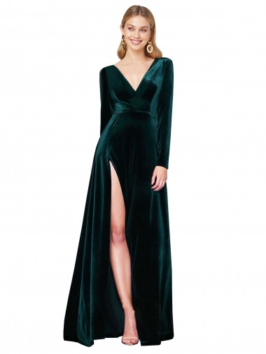 Stretch Velvet A-Line Sweep Train Long Sleeves Black Tie Evening Gown / Prom Dress / Bridesmaid Dress Barrie